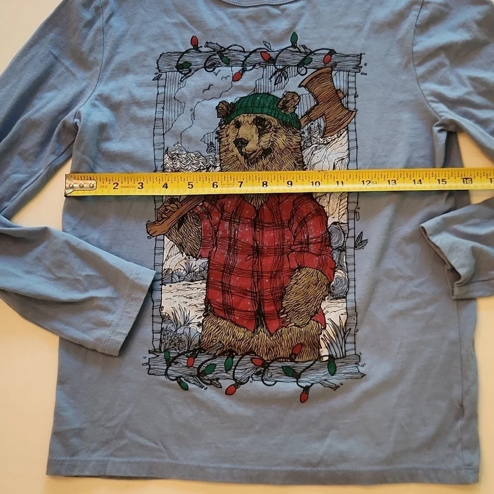 Gap Christmas Bear Graphic Long Sleeve Shirt Blue Plaid Large